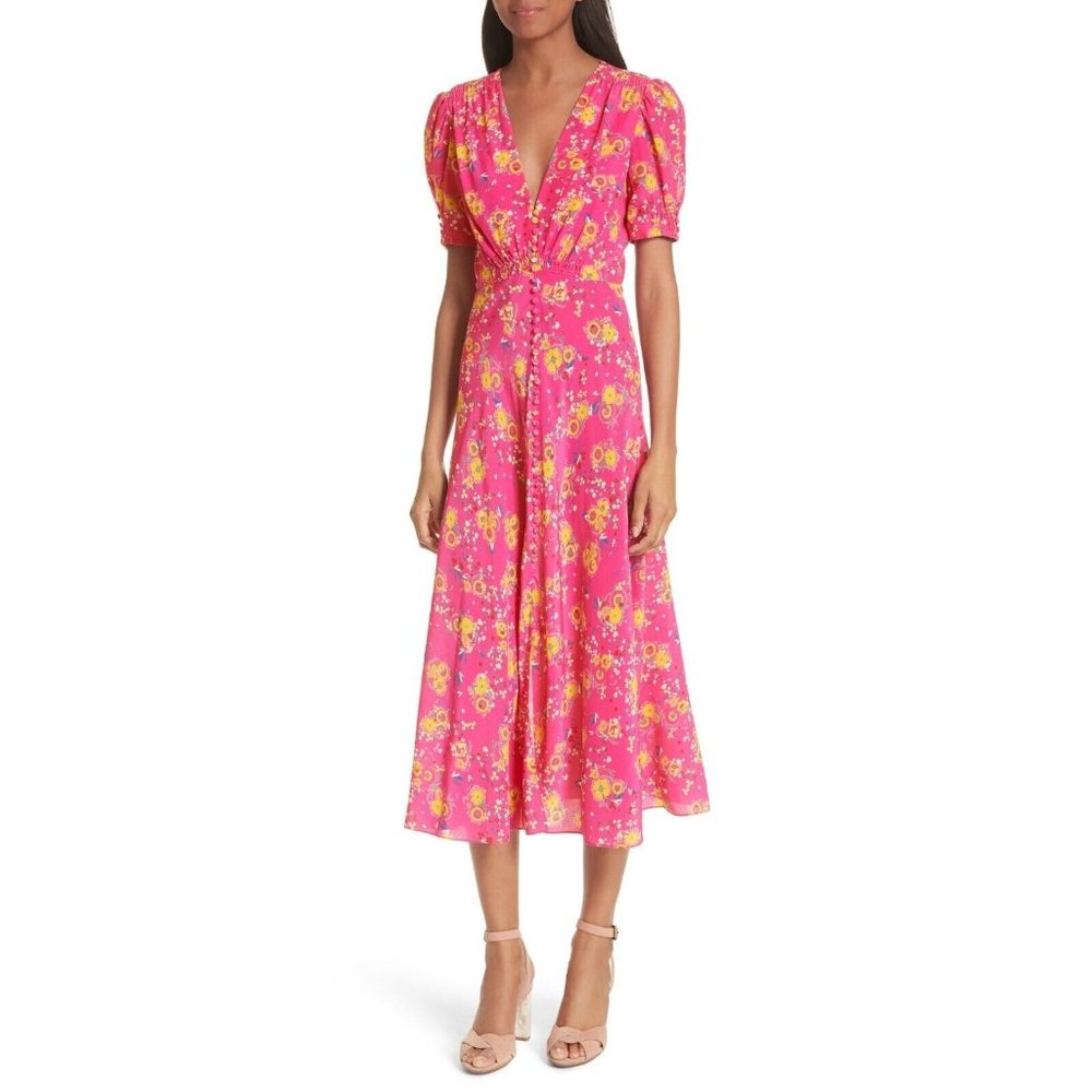 NEW SALONI Womens Lea Silk Midi Microfloral Dress Shocking Puff Sleeve Sz 6 $650